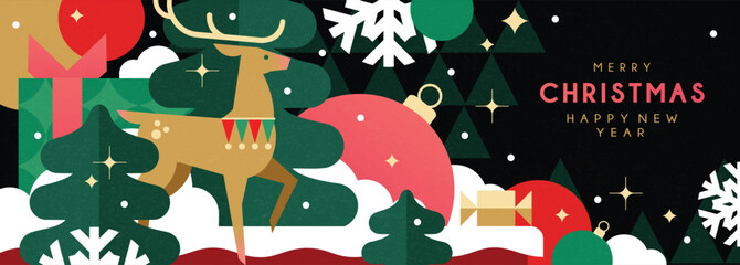 Christmas banner in contemporary flat minimalist style with deer. Design for Holiday banner, advent calendar or greeting card. Vector illustration
