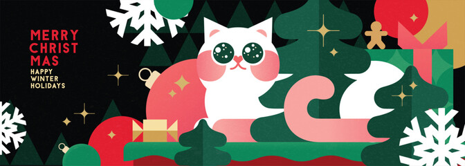 Christmas banner in contemporary flat minimalist style with cute cat. Design for Holiday banner, advent calendar or greeting card. Vector illustration
