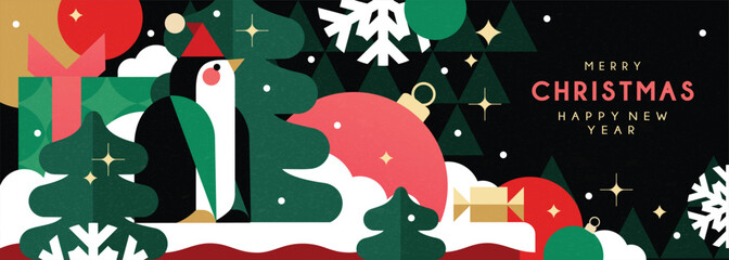 Christmas banner in contemporary flat minimalist style with cute penguin. Design for Holiday banner, advent calendar or greeting card.
