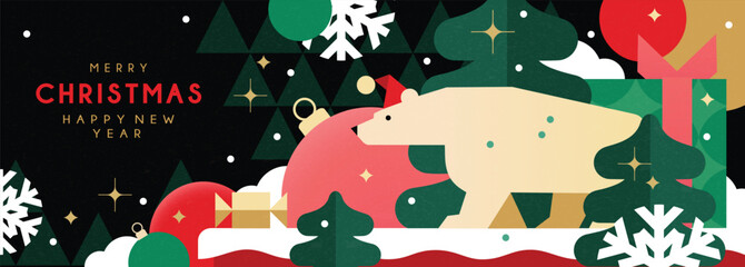 Christmas banner in contemporary flat minimalist style with cute polar bear. Design for Holiday banner, advent calendar or greeting card.
