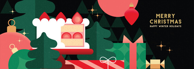Christmas banner in contemporary flat minimalist geometric style with Japanese Christmas cake. Design for Holiday banners, greeting cards or advent calendar. Vector illustration 