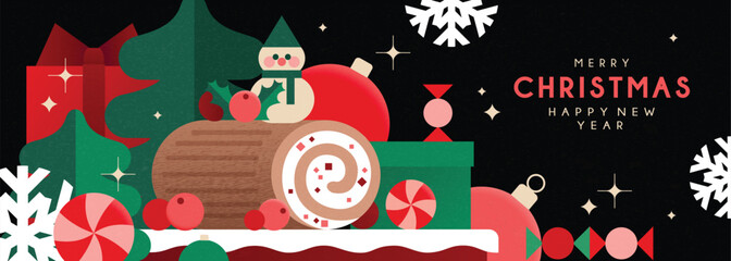 Christmas banner in contemporary flat minimalist style with French traditional Christmas log. Design for Holiday banner, advent calendar or greeting card. Vector illustration
