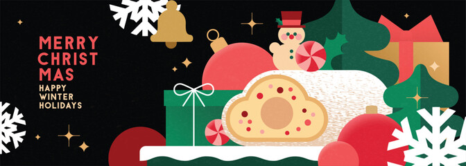 Christmas banner in contemporary flat minimalist style with German traditional Christmas Stollen. Design for Holiday banner, advent calendar or greeting card. Vector illustration
