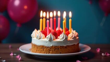 A delicious birthday cake, topped with vibrant, lit candles , food, dessert, dessert