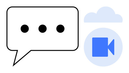 Speech bubble with three dots represents messaging, paired with a video camera icon inside a cloud. Ideal for communication, online collaboration, video calls, messaging, technology, networking