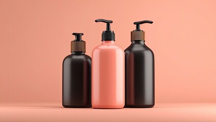 Three dispenser bottles, coral and black