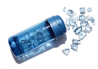 Blue plastic bottle with ice cubes scattered