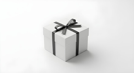 Obraz premium Minimal white gift box with thin black ribbon.