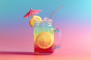 Layered rainbow citrus beverage in mason jar