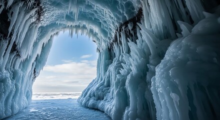 Frozen ice cave with blue sky view, a natural wonder of winter landscape and arctic exploration adventure