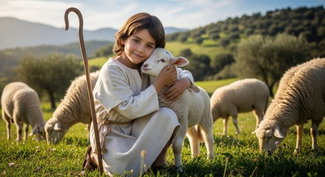 Child Jesus Christ, gentle shepherd, embraces beloved lamb, holding his wooden crook in a serene, verdant pasture with calm grazing sheep, bathed in divine light.