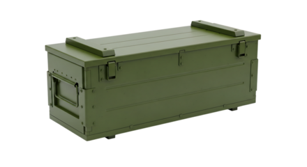 Olive Green Metal Ammunition Storage Box, with hinged lid and side handles, isolated on white or transparent background, PNG