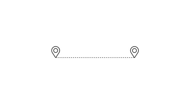 Distance line icon animation with white background Route direction navigation between two points marked with location pin icons, Two location pins connected by a dashed line animation.