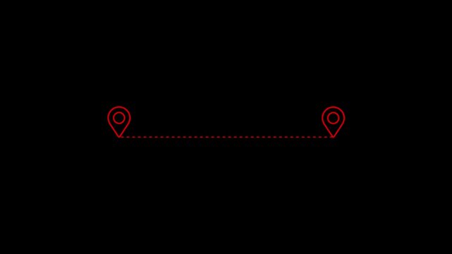 Distance line icon animation on black background Route direction navigation between two points marked with location pin icons, Two location pins connected by a dashed line animation.