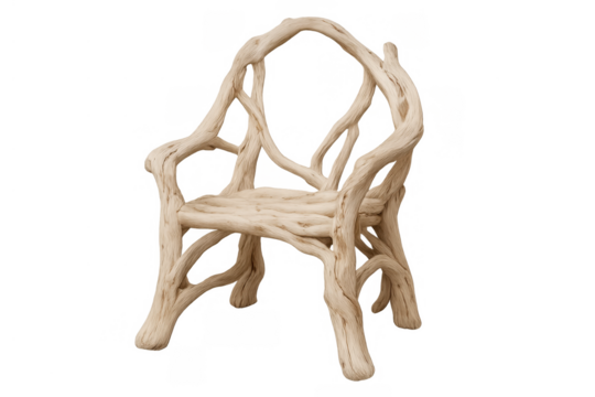 Organic rustic wood chair structure creating an artistic and surreal furniture piece, isolated on transparent background