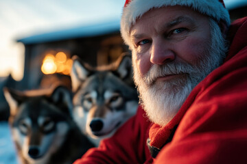 This close-up captures a Santa-clad man smiling softly, with wolves behind him, evoking a blend of holiday warmth and wild essence in a majestic winter setting.