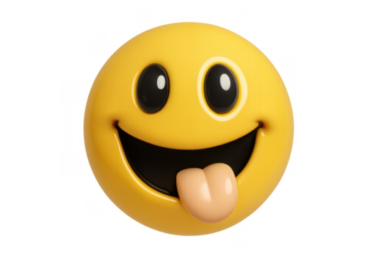 Yellow smiley emoticon face sticking out tongue expressing playfulness, fun, and humor on a transparent background