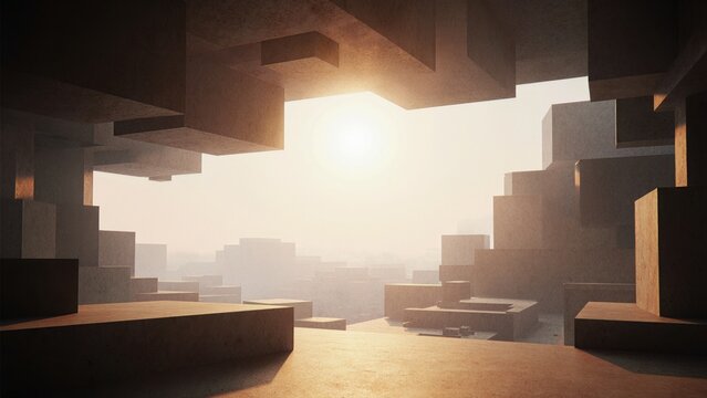 Stunning sunset through a futuristic cave of geometric shapes and forms in a tranquil landscape