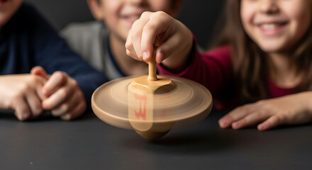 Spinning dreidel motion: Children playing with wooden dreidel on dark table background