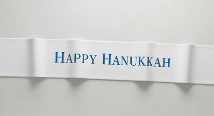 Happy Hanukkah text on white ribbon with blue lettering  - Hanukkah banner sign