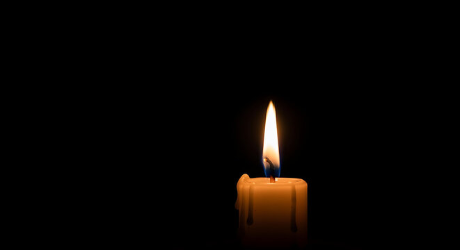 Candle flame closeup at Candles burning night: Single burning candle illuminating dark background   - Powered by Adobe