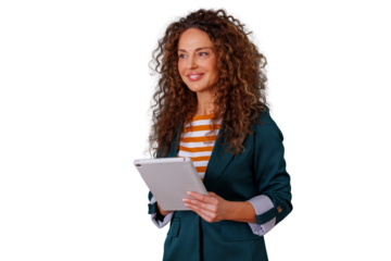 Confident businesswoman smiling, holding a tablet, engaging with digital content, isolated with transparent background
