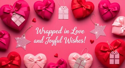 Flat lay of heart shaped gift boxes with glitter tags on pink background. Valentine's Day celebration with presents wrapped in love and joyful wishes. Romantic greeting, anniversary