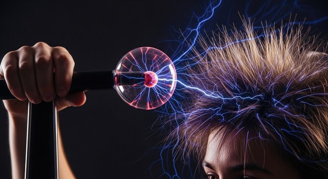 An electrifying scientific experiment displaying static discharge, generating electrical energy. Brown hair rises with vivid blue plasma arcs around a glowing sphere, demonstrating physics.