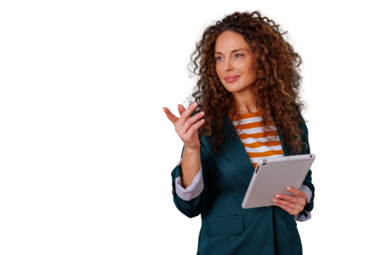 Businesswoman talking and gesturing while holding a digital tablet, presenting new ideas, transparent background - Powered by Adobe