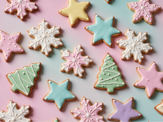 Assorted Christmas sugar cookies in shapes of stars, snowflakes, and trees, top-down shot, pastel background, soft natural lighting
