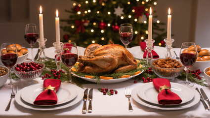 Beautiful Christmas dinner table with roasted turkey, candles, pine branches, red napkins, elegant festive setting, high resolution food photography