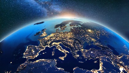 realistic satellite style view of earth showing europe illuminated city lights and geographic details under a cosmic night backdrop ideal for science visuals