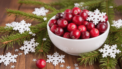 Bowl of fresh cranberries with pine branches and snowflake decorations, macro festive food photography