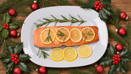 Baked salmon with rosemary and lemon, surrounded by Christmas greenery and red ornaments, top view