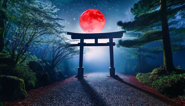 nighttime view of red torii gate in moonlit japanese forest path with atmospheric mist and starlit sky for spiritual or travel themes