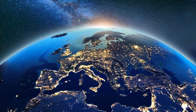 realistic satellite style view of earth showing europe illuminated city lights and geographic details under a cosmic night backdrop ideal for science visuals