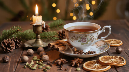 Traditional Christmas tea with spices and dried oranges, vintage cup, warm candlelight atmosphere