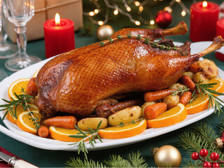 Christmas roast duck with oranges and herbs, golden baked skin, on a decorated holiday table, realistic food photography