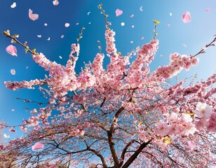 cherry blossom tree with pink flowers on light blue sky background with petals floating in soft spring breeze