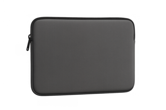 Gray neoprene laptop case protecting computing device with zipper closure, transparent background for easy integration