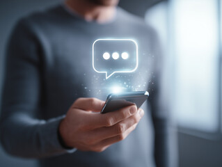 Man using smartphone to send a message with chat bubbles appearing on the screen in a modern setting