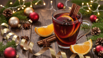 Glass mug of mulled wine with orange slices, star anise and cinnamon, on a rustic wooden table, holiday decorations around