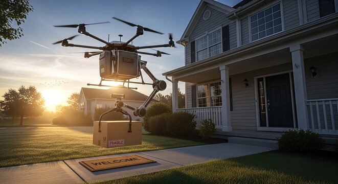 Drone Delivery Service Package Arriving at Suburban Home.