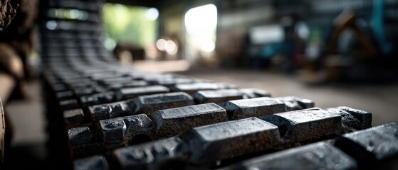 Closeup of Heavy Duty Excavator Track in Workshop, showcasing robust construction and industrial strength Concept of engineering, machinery, and construction equipment