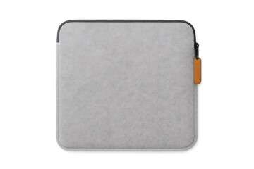 Grey felt laptop sleeve with orange zipper pull, providing modern protection for portable electronic devices on transparent background