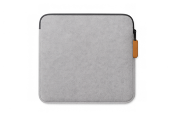 Grey felt laptop sleeve with orange zipper pull, providing modern protection for portable electronic devices on transparent background