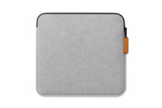 Grey felt laptop sleeve with orange zipper pull, providing modern protection for portable electronic devices on transparent background