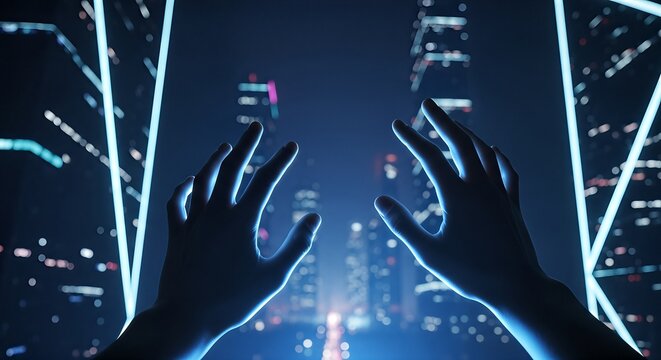 Hands reaching towards a futuristic cityscape with neon lights.