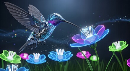 Obraz premium Hummingbird with Glowing Flowers A Vibrant Digital Art Creation.