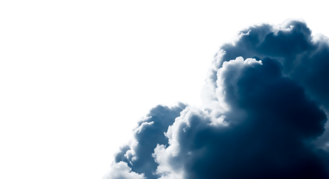 Dramatic Cumulus Cloud Formation, with Deep Blue Tones and Bright White Highlights, isolated on white or transparent background, PNG